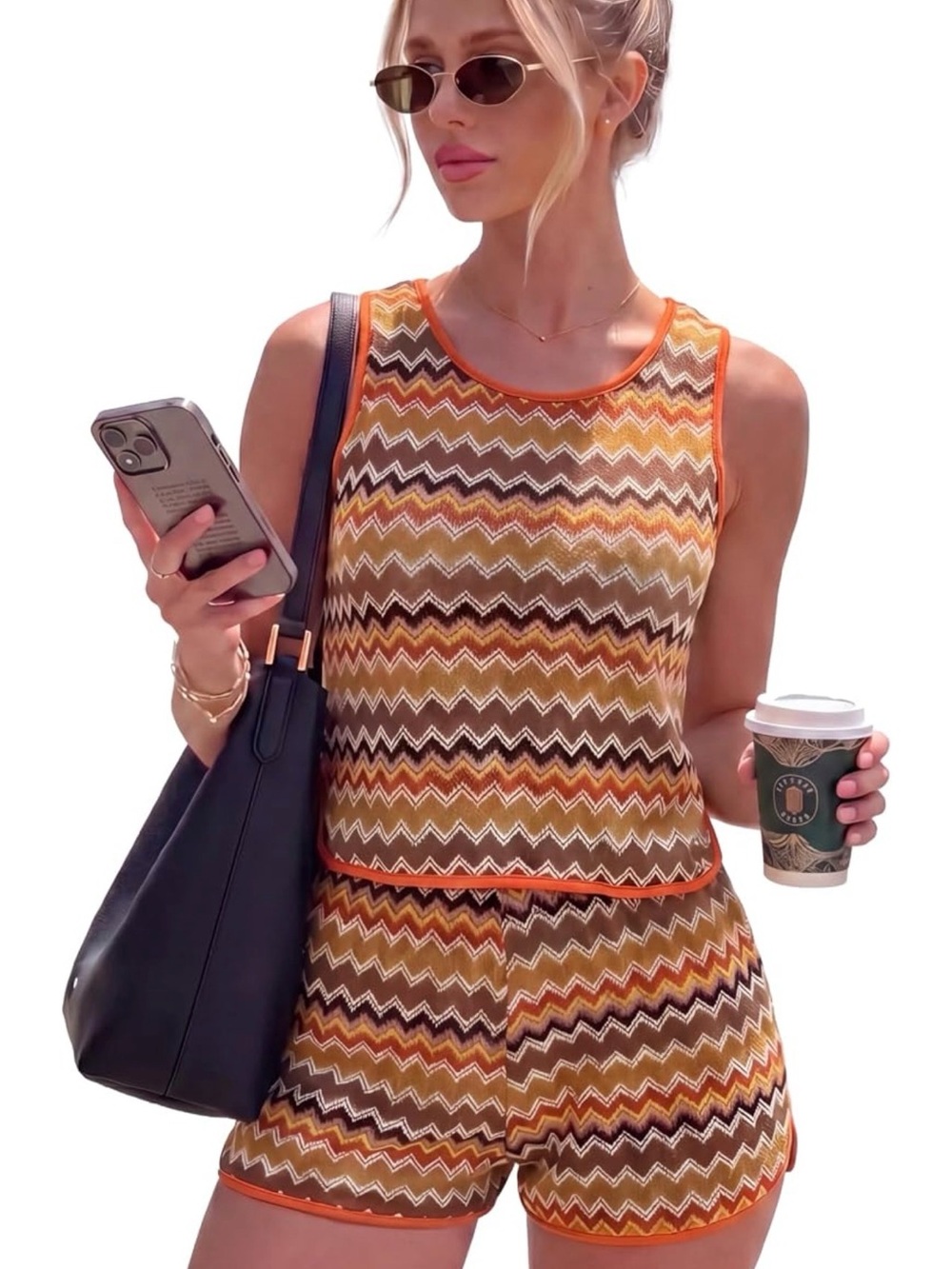 Sleeveless Orange Multicolor Zigzag Knit Two Piece Outfit